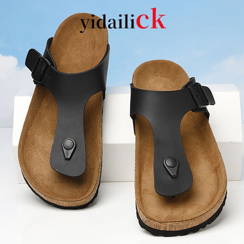 Unschlagbare Qualität Neue Leder-Flip-Flops, Modische Hausschuhe mit Korksohle, Freizeitschuhe mit Schnalle, Trendy für die Straße, Hausschuhe_voghion.com