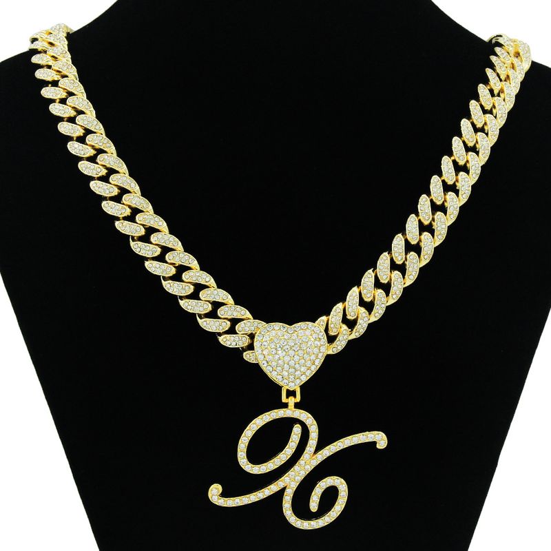 Hip Hop Flower Grass Body 26 English Letter Pendant Necklace Heart Button Full Diamond Cuban Chain Accessories_voghion.com