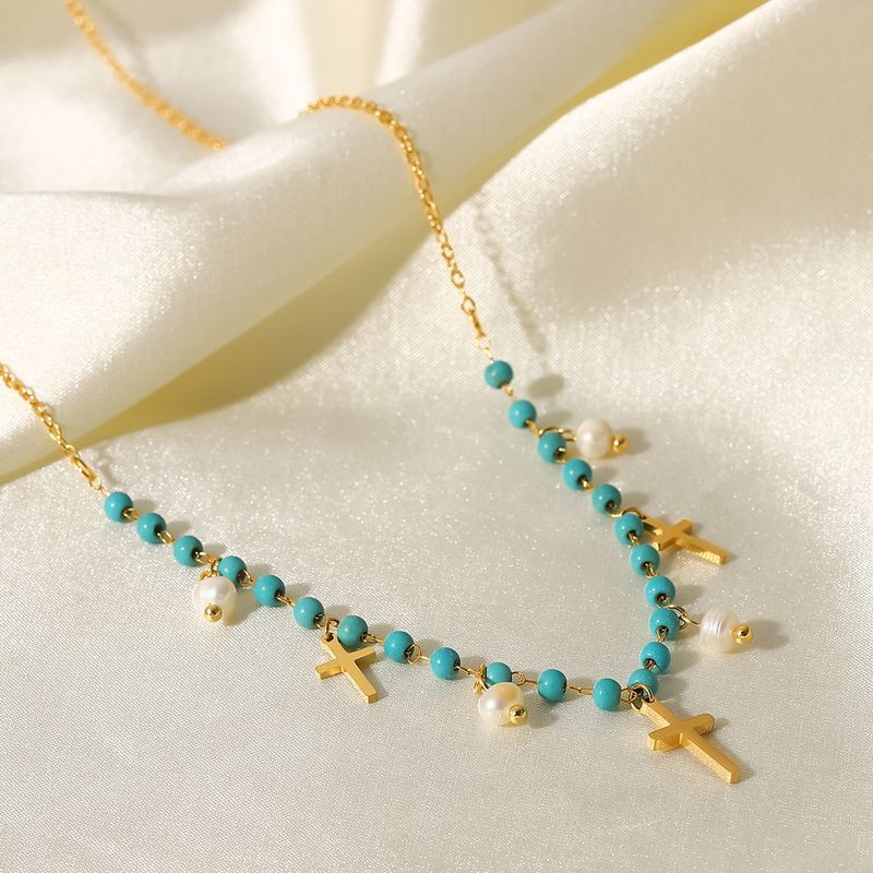 Francês Novo Popular Feminino Azul Pedra Arroz Cruz Pérola de Água Doce Colar Pingente Borla_voghion.com