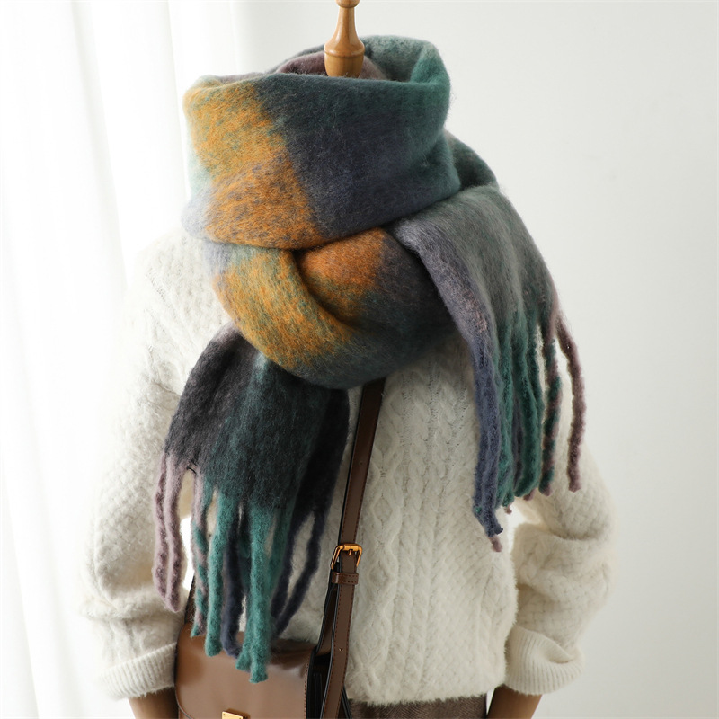 Sciarpa da donna alla moda invernale imitazione cashmere filato ad anello addensato calore scialle arcobaleno pannello scozzese nappe_voghion.com