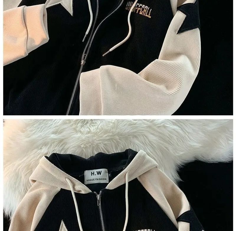 Felpa con cappuccio e cerniera in velluto a coste con cuciture a stella, stile retrò Y2K, unisex, casual, per uomo e donna_voghion.com