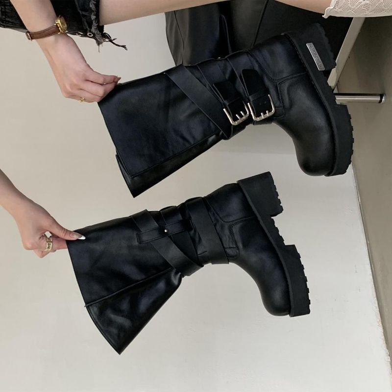 Women Boxing Boots 2025 Autumn Winter New Dark Style Belt Buckle Motorcycle Boxing Thick Sole Mid-Calf Riding Boots For Women_voghion.com