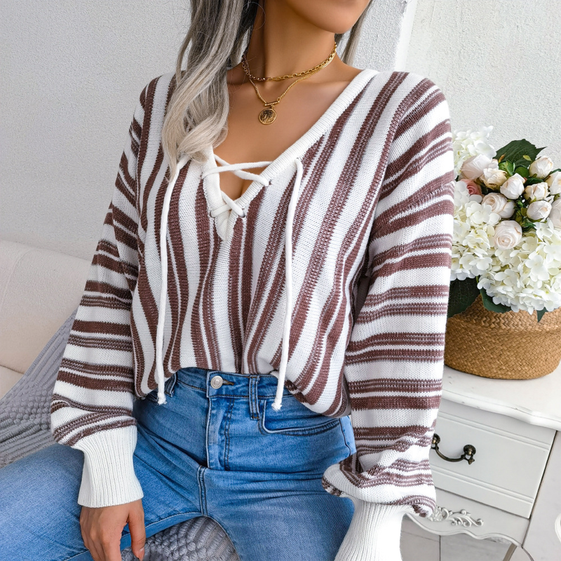 Maglione pullover a maniche lunghe con laccetti e motivo a blocchi di colore, stile Ins, autunno inverno, moda donna_voghion.com