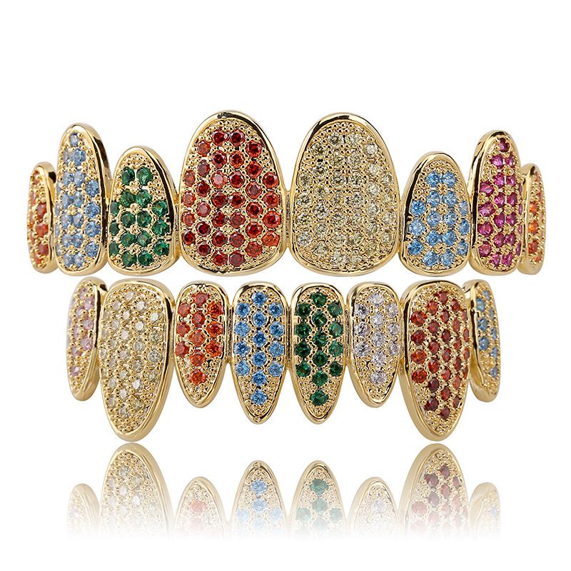 Vanzare fierbinte Zircon complet cu opt dinti incrustat Bretele din zircon Hip Hop Personalitate neregulata Bretele din aur_voghion.com