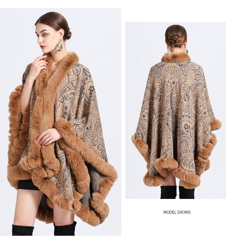 Mantella in jacquard con colletto in lana, taglia grande, cardigan lavorato a maglia, cappotto largo per donna_voghion.com