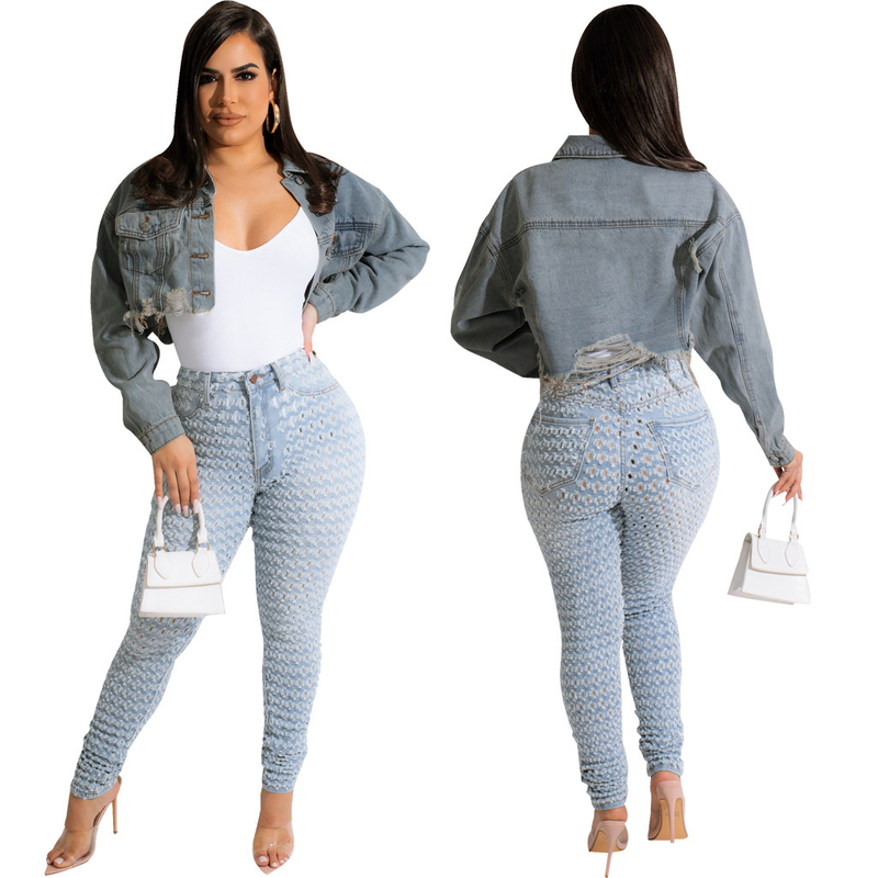 Kadın Giyim Moda Kısa Yıkanmış Kot Ceket Üst_voghion.com