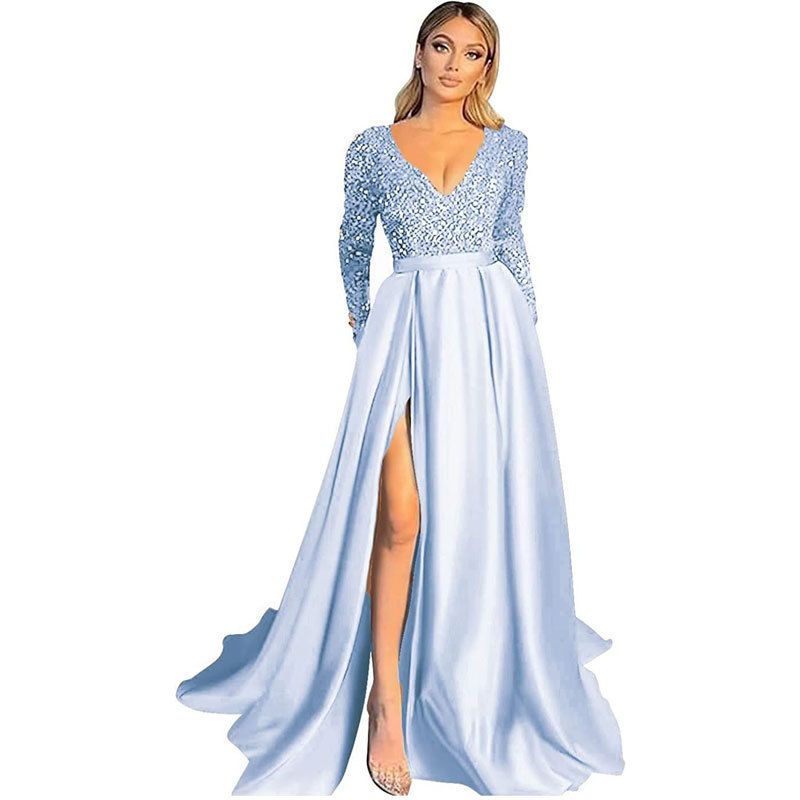 Rochie de seară lungă, sexy, cu decolteu în V și paiete, cu mâneci lungi, nouă_voghion.com