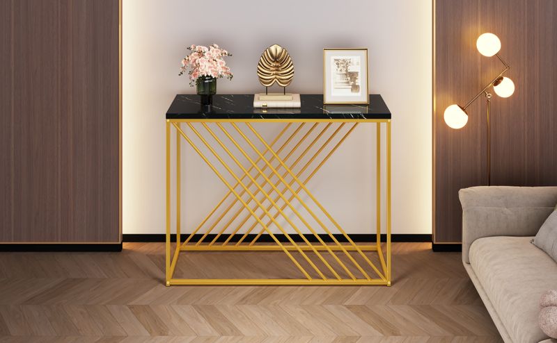 Console noire avec pieds dorés, 100 x 35 x 77 cm, table d'entrée en MDF brillant, table de couloir, buffet, table d'appoint, style vintage_voghion.com