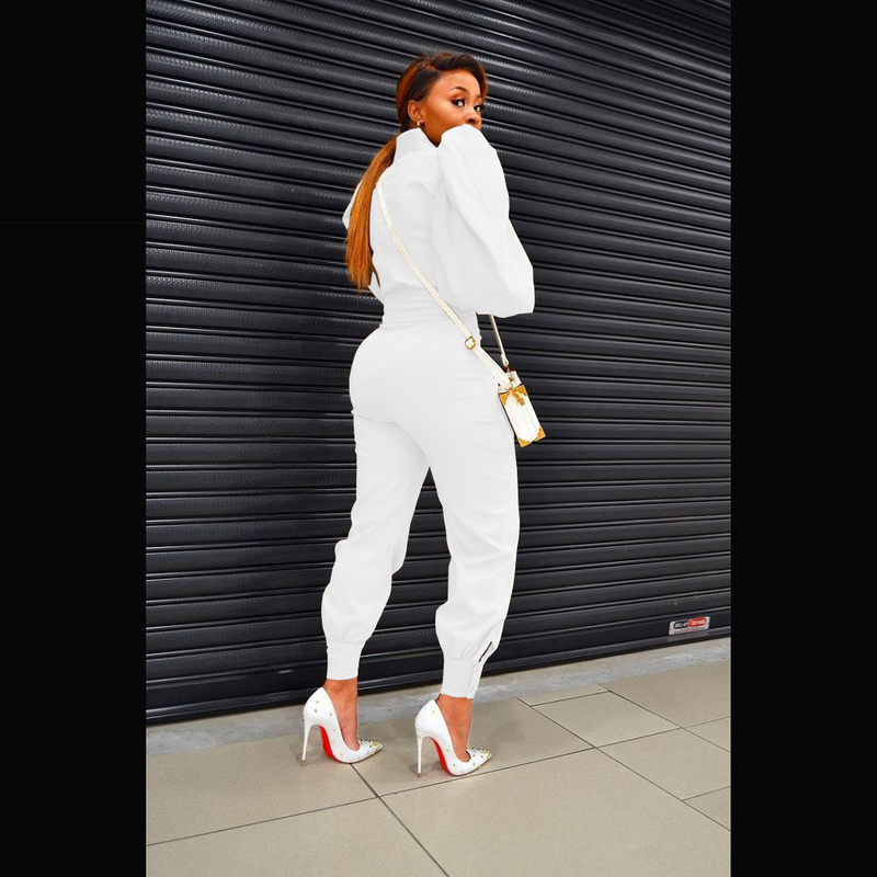 Damenbekleidung Mode Persönlichkeit Design Sinn für einfarbige Blase Ärmel Reißverschluss hoch taillierte Hose zweiteiliger Anzug_voghion.com
