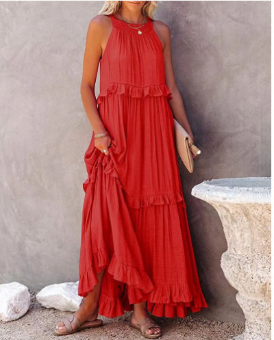 Vestidos largos con volantes estilo festivo para mujer Vestidos de playa fluidos con gran oscilación_voghion.com
