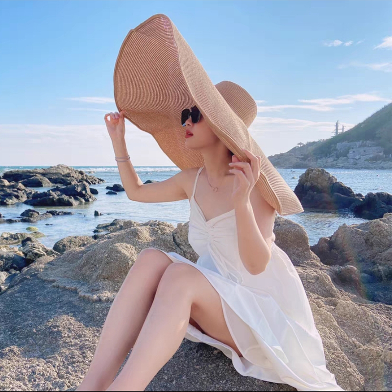 Faltbarer Strohhut für Damen, großkrempiger Hut für Beschattung und Sonnenschutz, Strandfotohut, Outdoor_voghion.com