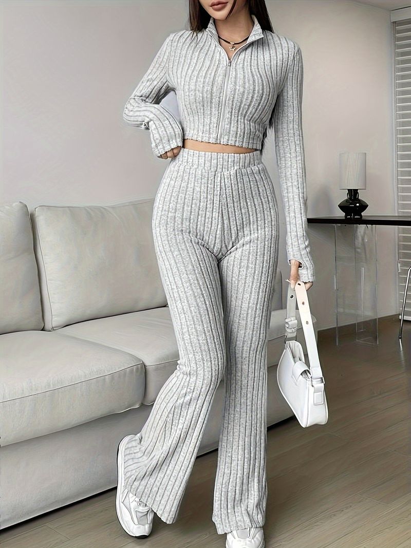 Fashion Solid Color Ribbed Two Piece Set Zipper Long Sleeve Crop Top And High Waist Flared Pants Set Women's Casual_voghion.com