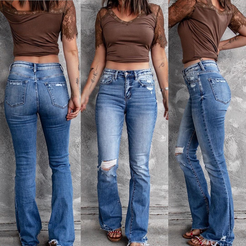 Jeans aderenti a vita alta, elastici, retrò, aderenti, da donna, con fondo a campana, strappati_voghion.com