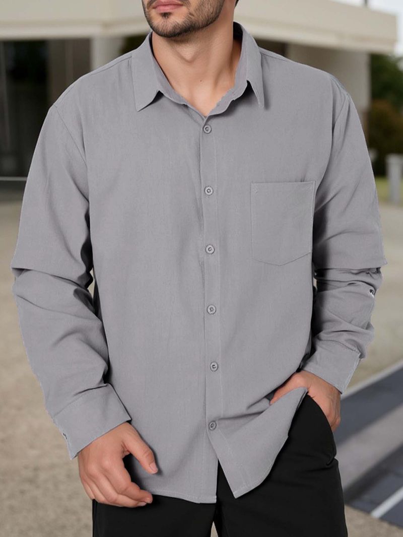 Herbst grenzüberschreitend neues einfarbiges Revers Herren Langarmhemd Täglich lässig Herrenhemd_voghion.com