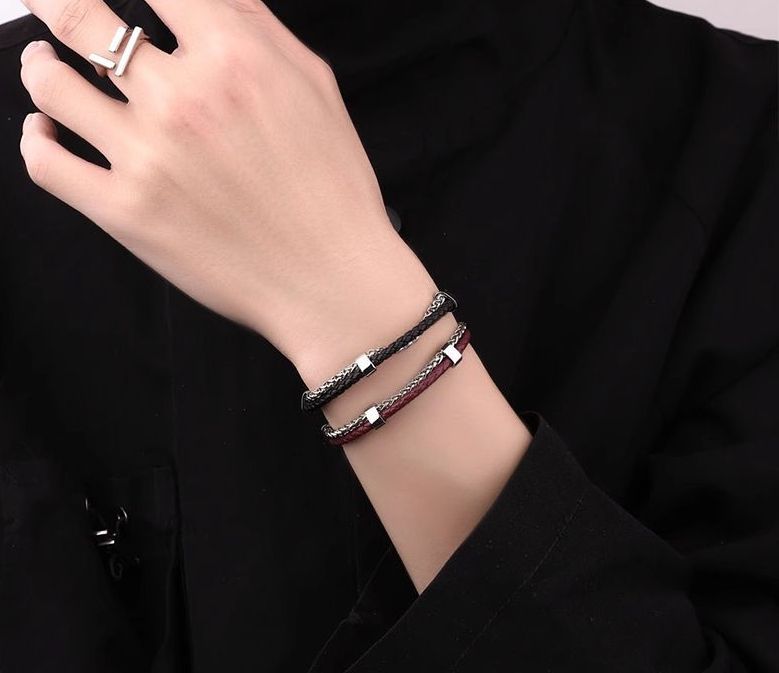 Klassisches doppellagiges Lederseilarmband für Herren, Titanstahl, lichtecht, Ins-Stil, elegant, High-End, Geburtstags-Qixi_voghion.com