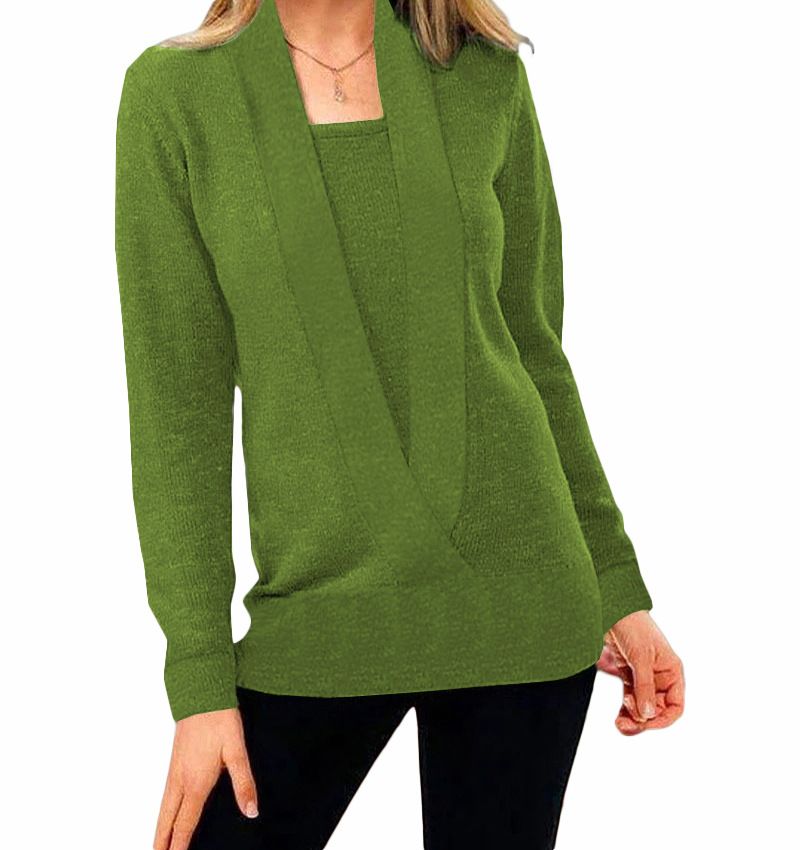 Pull tricoté deux pièces à manches longues et col en V profond pour femme, couleur unie, nouvelle collection automne-hiver 2022_voghion.com