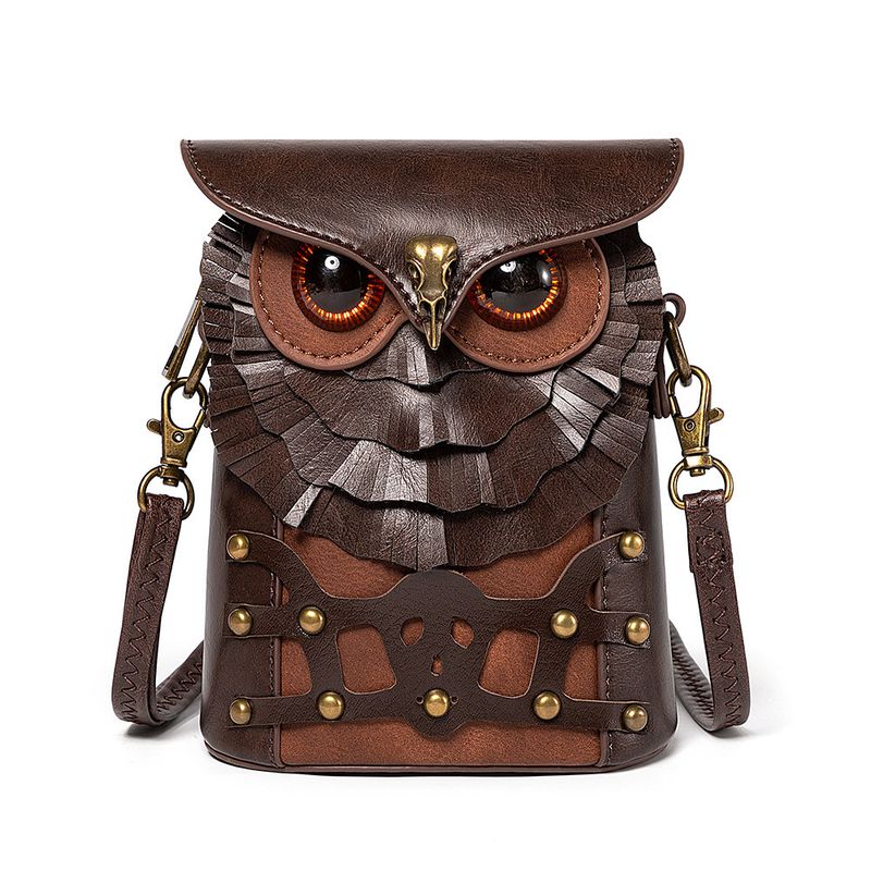 Mittelalterliche Steampunk-Gürteltasche aus PU-Leder in Eulenform für Damen – Farbblock-Nietendesign, Vintage-Retro-Umhängetasche und Gürteltasche_voghion.com