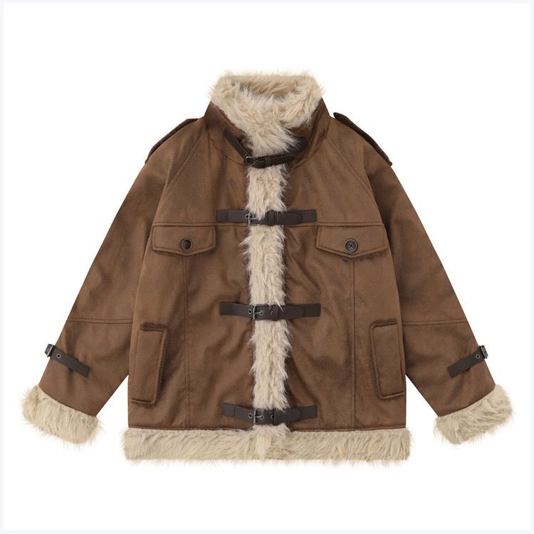 Cappotto in pelle di pecora in stile americano per donna, giacca da motociclista invernale in pelle scamosciata spessa foderata in pile, design di alta qualità_voghion.com