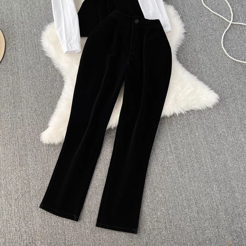 Abiti alla moda per le donne Temperamento Vita alta Camicia a maniche lunghe Vita alta Velluto dorato Piedi piccoli Set due pezzi_voghion.com