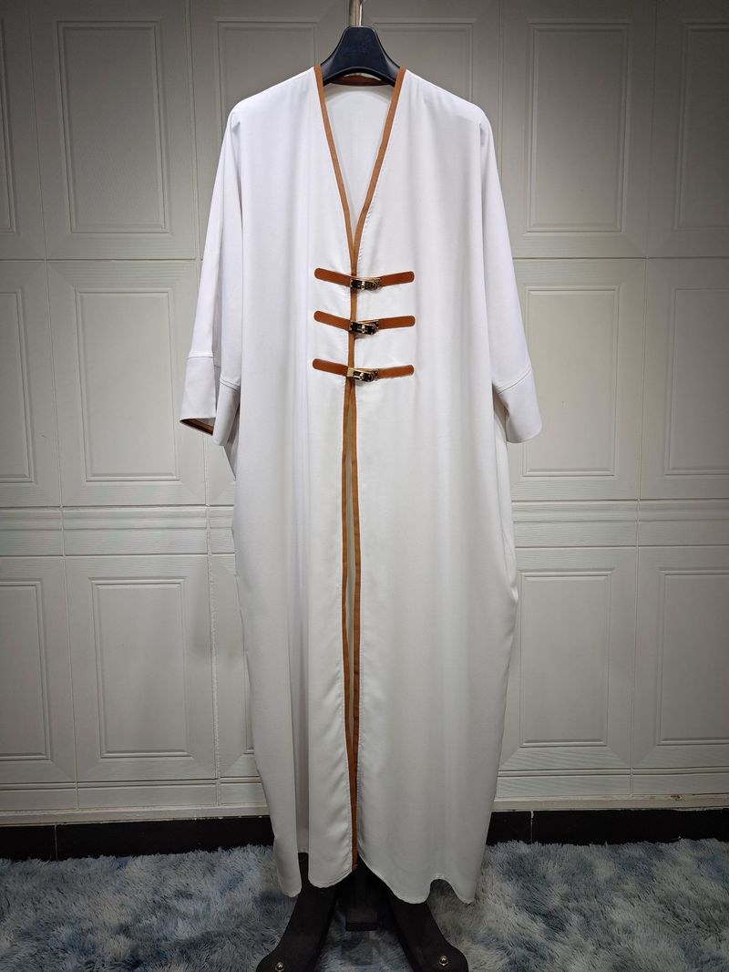 Abbigliamento da donna in pelle con fibbia Abaya turco color block abito esterno arabo_voghion.com