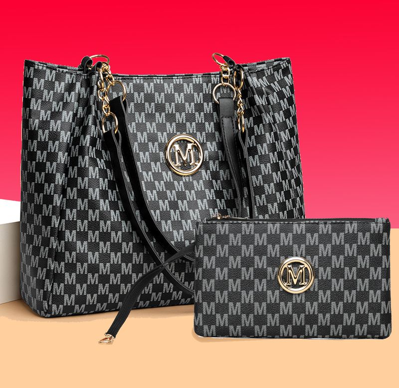 Stylish M-Print Tote & Clutch Bag Set With Chain Strap - Versatile PU Handbag Combo For Women (Black/Brown/White)_voghion.com