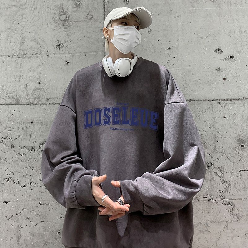 Novo moletom com capuz de camurça para meninos na primavera e no outono, roupas casuais soltas, casaco de base de manga comprida com gola redonda, jaqueta_voghion.com
