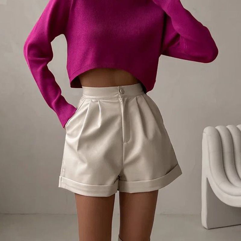 Pantaloncini alla moda in similpelle con cerniera a gamba larga e taglio ad A per donna - Abbigliamento casual estivo comodo ed elegante (bianco, S/M/L)_voghion.com