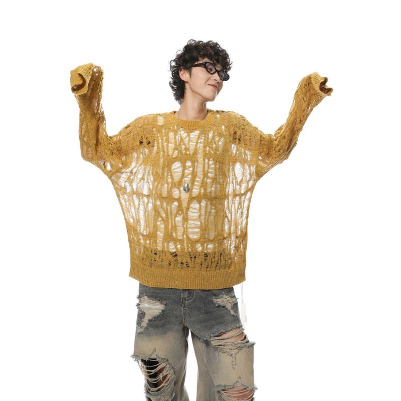 Gebreide holle, dunne trui voor heren, losse, casual breisels, niche, versleten, luie ronde hals trui_voghion.com