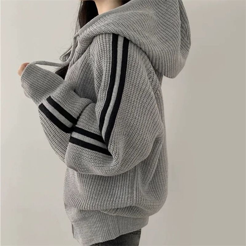 Women's Clothing Autumn Winter Minimalist Elegant Drawstring Hooded Oversized Long Sleeve Sweater Coat For Petite - Striped, Loose Fit, Polyester_voghion.com