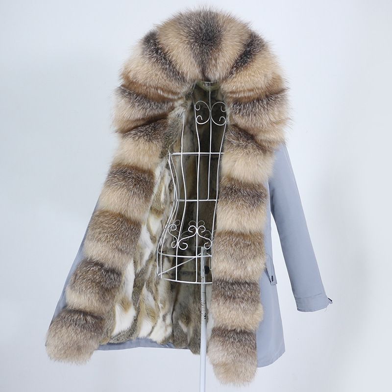 Damenbekleidung Abnehmbarer Innenmantel mit Fuchspelzkragen Mittellang Modischer warmer Kapuzenmantel_voghion.com