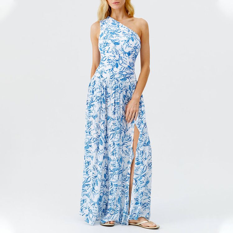 Maillot de bain une pièce bleu à fleurs pour femme – Design frais aux épaules, style européen et américain_voghion.com
