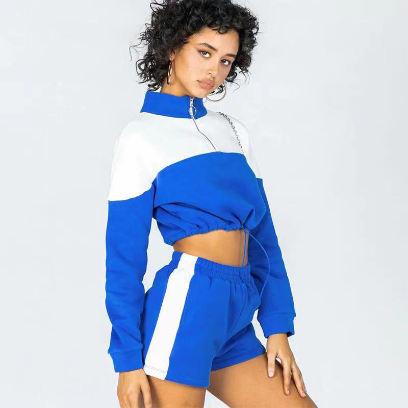 Women's Clothing color-blocked drawstring casual shorts women's sweatshirt set two-piece set_voghion.com