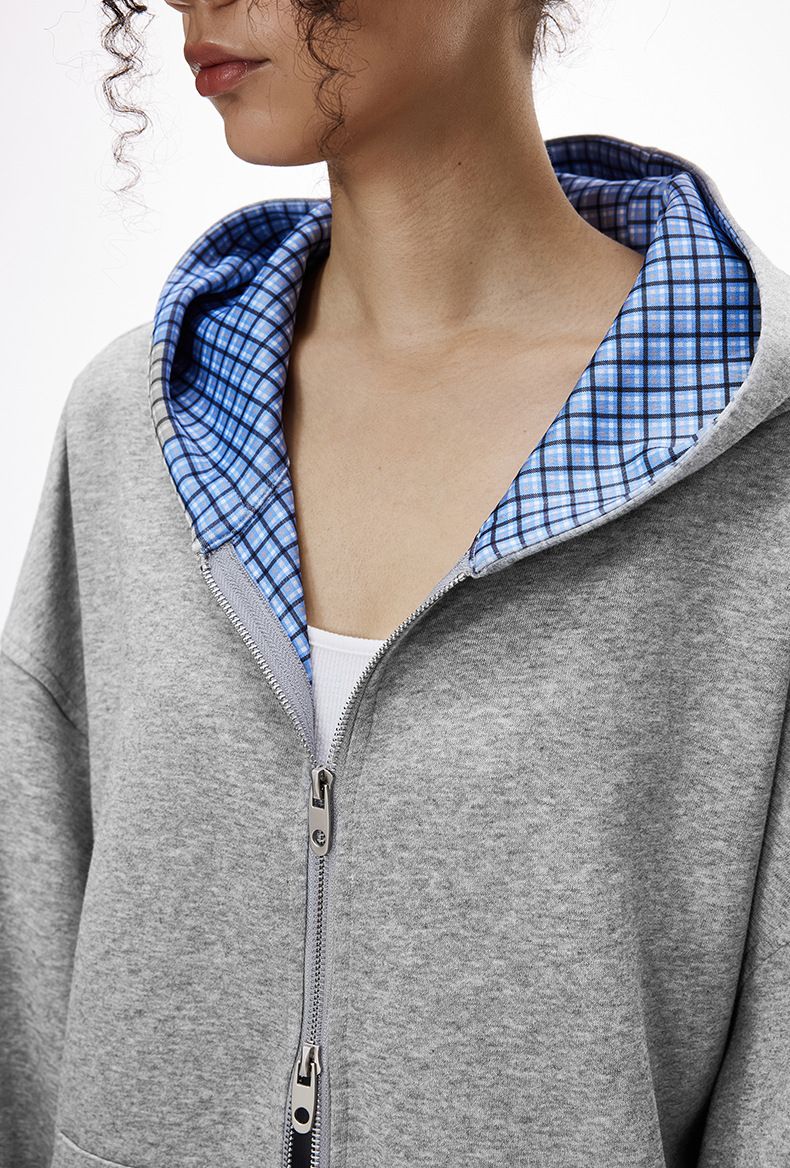 Abbigliamento da uomo Jie Zhan | Giacca bicolore a quadri squadrati 25 Autunno Nuovo Felpa con cappuccio casual corta da coppia_voghion.com