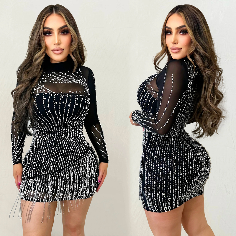 Grenzüberschreitende europäische und amerikanische Mode für Damen mit langen Ärmeln aus Mesh, heißem Diamant-Blasenperlen-Kurzrockkleid_voghion.com