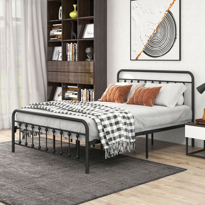 Metal Bed Frame Queen Size Platform No Box Spring Needed with Vintage Headboard and Footboard Premium Steel Slat Support/Black_voghion.com