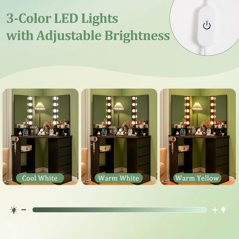Corner Vanity Desk With 3-Color LED Lighted Mirror And Power Outlet_voghion.com