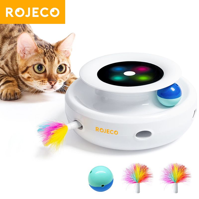 ROJECO 2-in-1-Smart-Katzenspielzeug, automatisches Federball-Spielzeugset für Katzen und Hunde, 5 Modi, elektronisches interaktives Haustierspielzeug-Zubehör_voghion.com