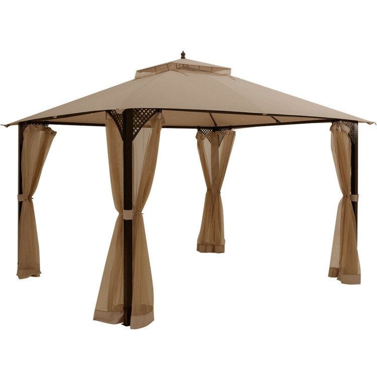 12 x 10 Feet Outdoor Double Top Patio Gazebo with Netting_voghion.com