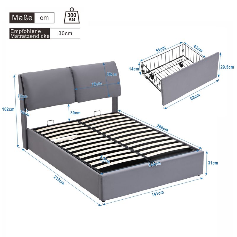 Cadre de lit coffre hydraulique rembourré en velours avec 3 tiroirs, sommier à lattes, tête de lit, 140 x 200 cm, gris, matelas non inclus_voghion.com