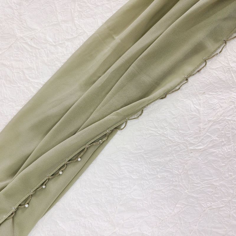 Elegant Chiffon Hijab Scarf With Pearl Beading & Wavy Hem – Lightweight Muslim Head Covering (70x175cm, Breathable, Versatile For Daily Wear)_voghion.com