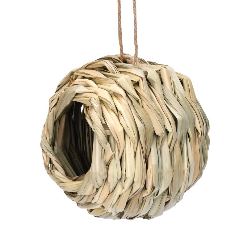 Jaula de pájaros de boca redonda con forma de bola tejida de paja, nido de pájaro, decoración de simulación para jardín al aire libre_voghion.com