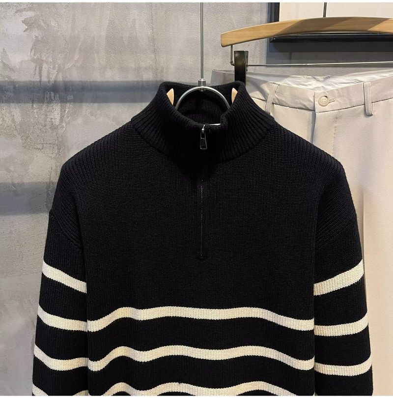 Pull en tricot demi-zip pour homme – Pull décontracté rayé style Hong Kong pour l'automne et l'hiver (noir, tailles M à 3XL)_voghion.com