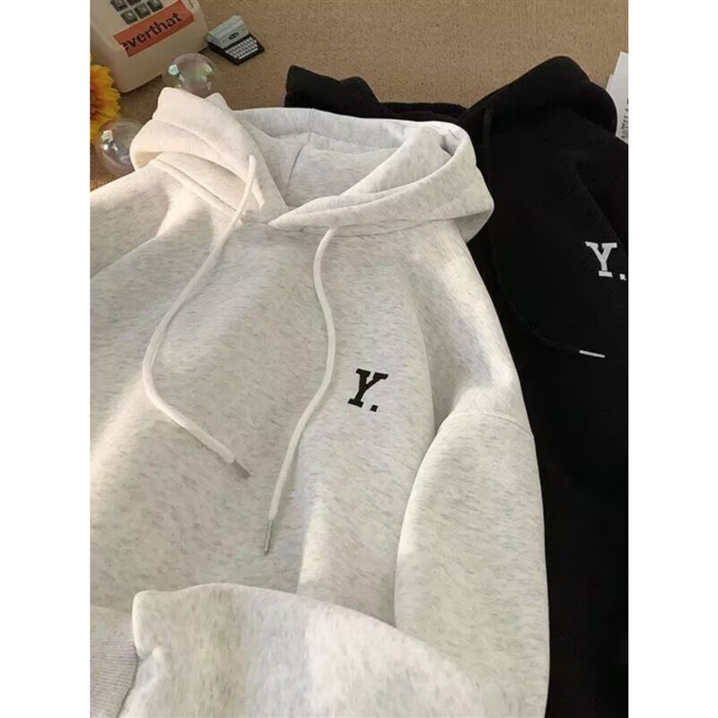 Felpa con cappuccio e stampa di lettere in velluto Silver Fox, versione coreana, stile coppia, giacca sportiva casual autunnale e invernale per uomo_voghion.com