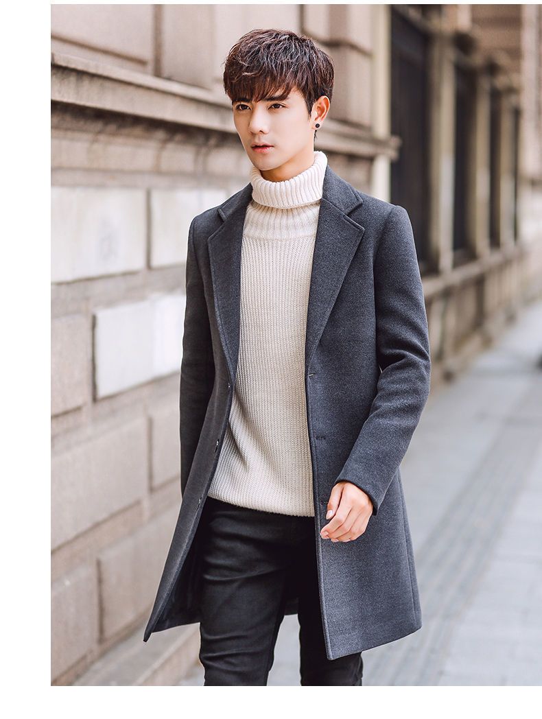 Spring And Autumn Mid-Length Youth Korean Style Slim Woolen Coat, Men's Trench Coat_voghion.com