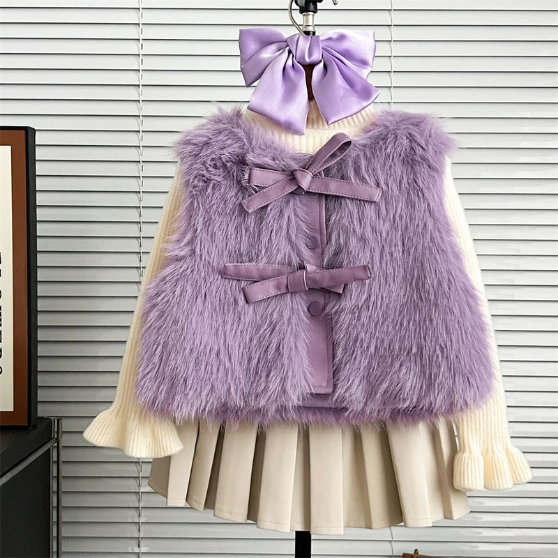 2025 Nuovo gilet di pelliccia per ragazze autunno e inverno stile coreano, abito a tre pezzi, gilet di pelliccia lungo + gonna di pelle + camicia inferiore_voghion.com