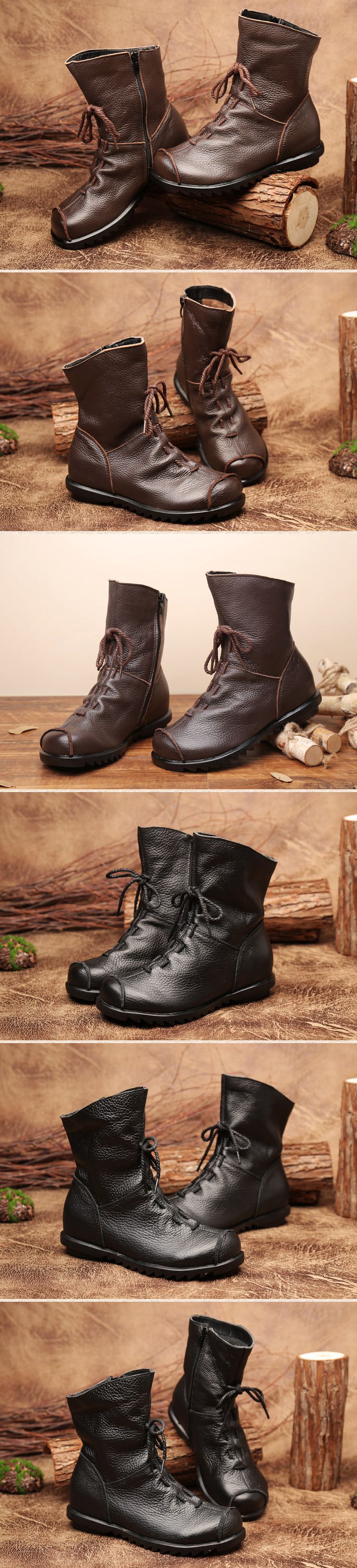 Stivali corti in pelle originali retrò popolari stivali in pelle caldi autunno e inverno Nuovi stivali da donna con tacco basso Stivali Martin da donna in un unico pezzo_voghion.com