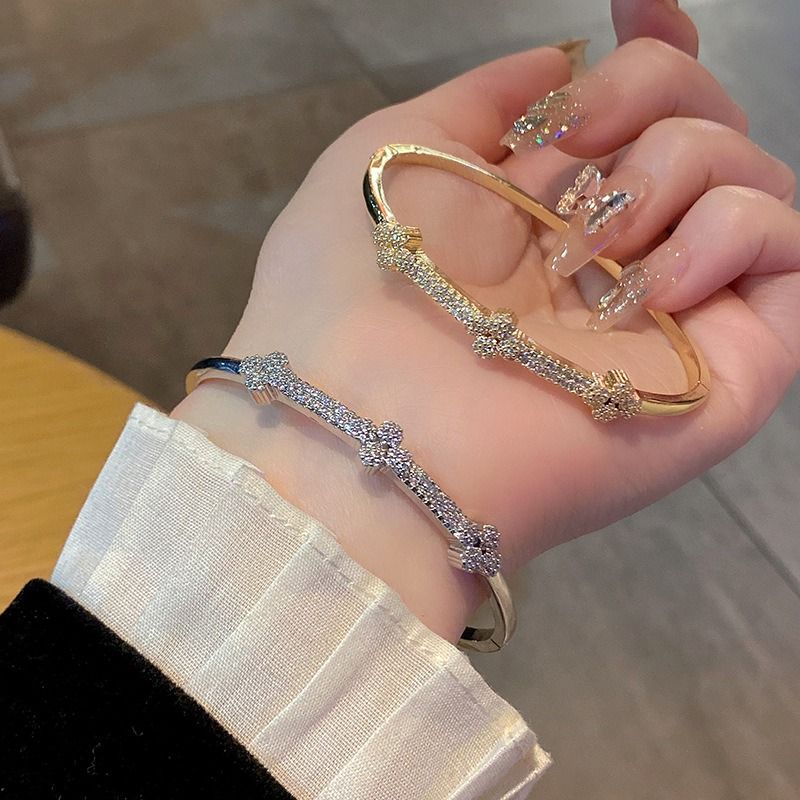 Gold & Rose Gold Plated Clover Cuff Bracelet Set, Cubic Zirconia Pave Statement Bracelets, Luxury Evening & Daily Jewelry_voghion.com