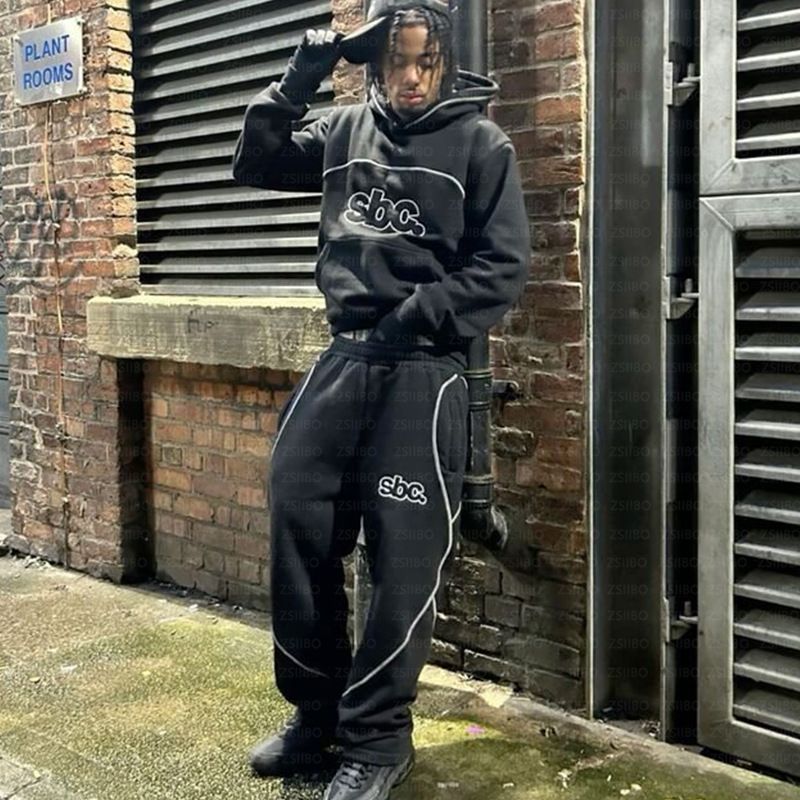 Herrenbekleidung Herren Hip Hop Streetwear Hoodie & Jogger Set mit Buchstabendruck - Trendy Oversized Pullover mit Kapuze und Hose für urbane Mode_voghion.com