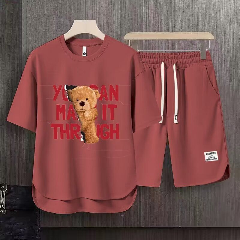 Vêtements pour hommes 2024 gaufré décontracté costume d'été hommes ample adolescent à manches courtes t-shirt Shorts beau deux pièces costume_voghion.com