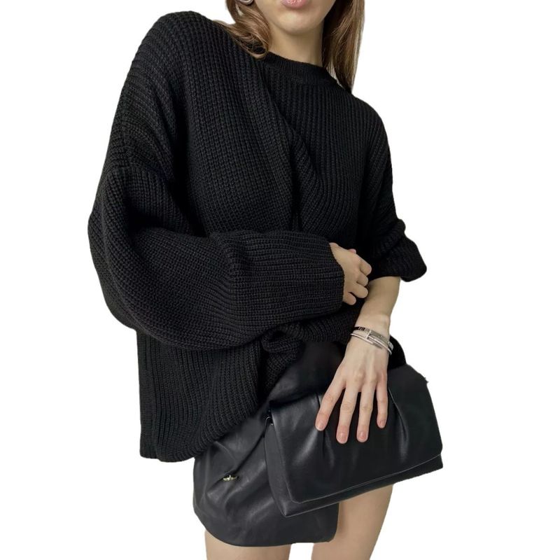Maglione pullover in maglia larga a collo rotondo tinta unita per donna, primavera e autunno_voghion.com